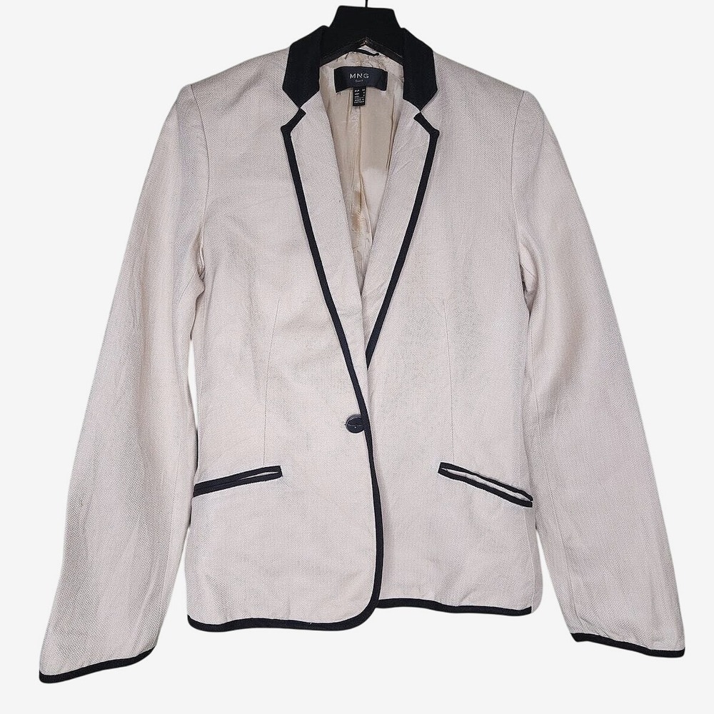 Mango MNG Suit Jacket Blazer 4 Beige Black Linen Blend Herringbone Work Career - Picture 1 of 11
